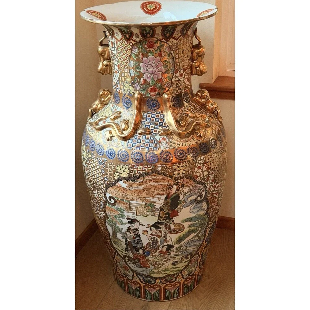 Antique Huge Vintage Japanese Porcelain Hand Painted Floor Vases 36